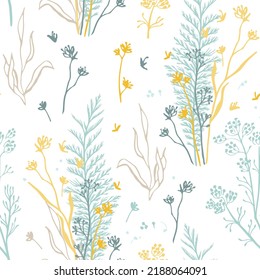 Leafs,branch,wildflowers.  Seamless pattern with decorative grass. Calm in trendy shades illustration. white background. Design element for backdrop, wallpaper, wrap. minimalist vector illustration