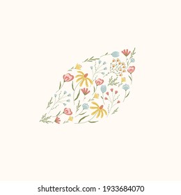 Composición en forma de hoja de hermosas flores silvestres al estilo de las caricaturas
