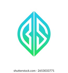 Logótipo em forma de folha ou de chama, com um gradiente verde a azul, simetricamente incluindo as letras "GS" ou "BG" no seu contorno