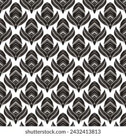 Leafy abstract symmetrical seamless pattern with striped hand drawn leaves. Ornamental vector floral background. Repeat patterned backdrop. Modern textured ornament with striped leaves, shapes, lines.