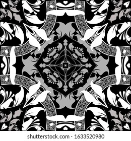 Leafy black and white greek vector seamless pattern. Ornamental vintage floral background. Repeat abstract geometric backdrop. Elegance flowers, leaves. Greek key meanders ornament. Beautiful design.