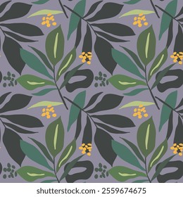 Leafy botanical pattern with foliage and berries on a grey background. Design for fabric, wrapping paper, fashion, interior, cover. Botanical vector illustration