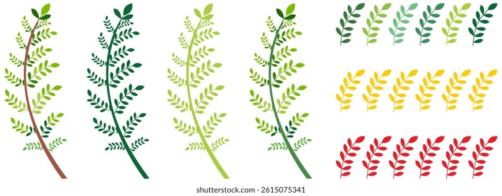 Leafy branch divider set. Floral separator book page, greeting card menu certificate elegant underline border. Decorative Natural spring green flat vintage ornament isolated on white