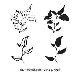 Leafy Branch Vector Illustration Set Outline and Silhouette Isolated on White Background