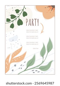 Leafy branches, flowers, and abstract patterns on a light background. Creative layout with text placeholders for a party invitation. Vector illustration