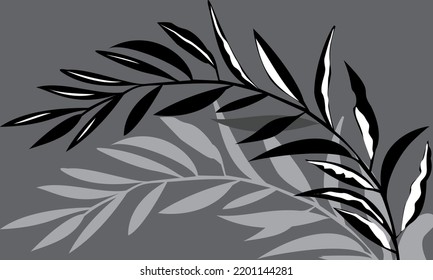 Leafy Branches On Gray Background, Abstract Vector Illustration, Monochrome Leafy Branches, Hand Drawn, Branch Whose Shadow Falls Into The Background