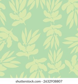 leafy branches placed on green background silhouette style hand drawn seamless pattern. It is suitable for decoration, textile, fabric, tiles and more.