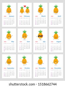 Leafy calendar 2020 year with funny cartoon pineapples. Week starts on Sunday. Vector illustration 