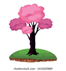 leafy and colorful tree icon with pink foliange over a piece of ground cartoon vector illustration graphic design
