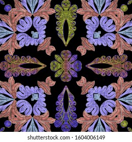 Leafy colorful zigzag stitching embroidery style seamless pattern. Ornamental vector tapestry background. Floral grunge ornament with embroidered flowers, leaves, shapes. Textured ornate design.