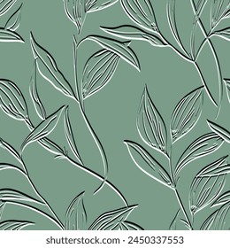 Leafy emboss textured surface green 3d seamless pattern. Embossed relief branches leaves vector background. Beautiful repeat botanical grunge backdrop. Foliage ornaments with plants. Endless texture.