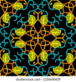 Leafy floral Damask colorful  vector seamless pattern. Elegance  vintage arabesque ethnic background. Abstract hand drawn mandala ornament with prickly branches, thorns, leaves. Curve lines, swirls