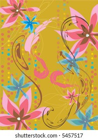 leafy floral dots pink blue on ochre (vector)