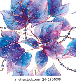 Leafy floral drawing watercolor seamless pattern with blue violet leaves and beads. Colorful painted fantasy vector background. Beautiful botanical drawn ornaments with leaves, branches, necklace.