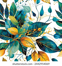 Leafy floral foliage drawing watercolor seamless pattern. Colorful painted tropical vector background. Dirty repeat backdrop. Beautiful botanical ornaments with leaves, branches, spots, splashes.