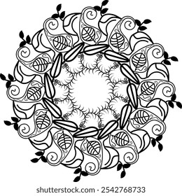 Mandala floral frondoso con intrincados patrones de remolino y vid en blanco y negro, ideal para colorear adultos,
 Decoración inspirada en la Naturaleza, arte de meditación, diseño de tatuajes, gráficos espirituales y decoración del hogar