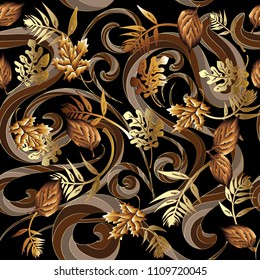 Leafy floral modern 3d seamless pattern. Vector ornamental creative autumn background. Textured beautiful gold ornament. Vintage striped swirls, lines, abstract trees, leaves. Surface texture.