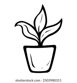 Leafy flower in a pot hand drawn doodle. Home plant. Interior design decoration. Vector outline line art illustration.