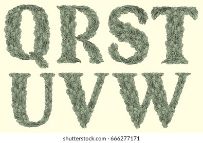 Leafy Font. Design set. Hand drawn engraving. Vector vintage illustration. Isolated on white background. 8 EPS