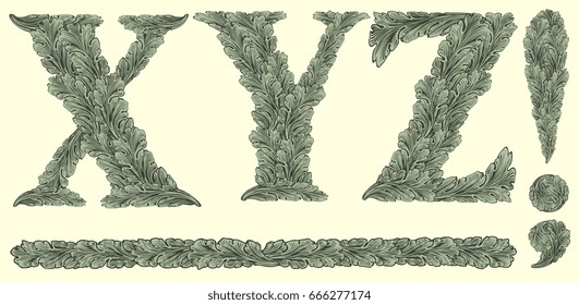 Leafy Font. Design set. Hand drawn engraving. Vector vintage illustration. Isolated on white background. 8 EPS