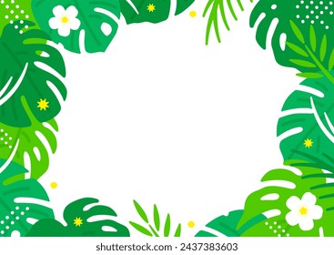 Leafy frame made of palm leaves and monstera. Summer backgrounds inspired by tropical resorts.