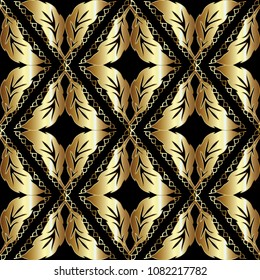 Leafy gold Baroque seamless pattern. Vector patterned geometric background. Floral antique ornaments with scroll leaves, rhombus, frames. Surface abstract flowers. Modern decorative design for fabric