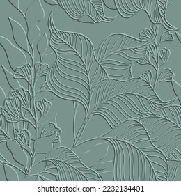 Leafy green 3d lines seamless pattern. Tropical floral background. Repeat textured green vector backdrop. Surface emboss leaves. 3d ornament with embossing effect. Leafy embossed endless leaf texture.