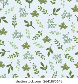 Leafy green floral seamless pattern. Foliage vector surface design of abstract branches of leaves. All over print foliate texture on light blue color background. 