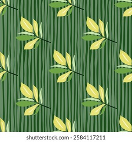 Leafy green seamless textile pattern with vertical stripes for nature-inspired design. Design for fabric, wrapping paper, fashion, interior, cover. Botanical vector illustration