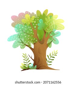 Leafy green tree isolated clipart cartoon for children design. Kids fairytale watercolor style mystery illustration. Isolated forest clipart for children vector design.