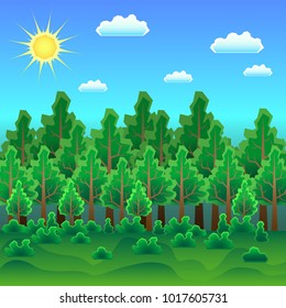Leafy green trees and bushes against the background of sky with clouds. The sun and other elements drawn with straight lines.