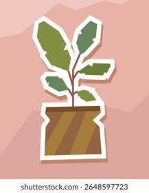 Leafy Indoor Plant Sticker in Modern Pot with Bold White Outline