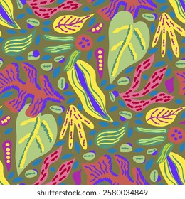leafy jungle seamless repeat vector pattern pink green yellow
