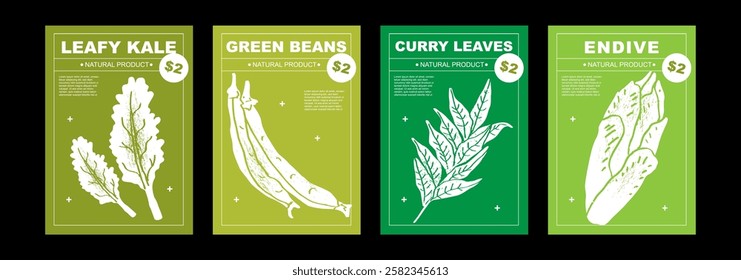 Leafy kale, green beans, curry leaves, endive. Set of posters of vegetables in a abstract draw design. Label or poster, price tag. Patterns and backgrounds. Perfect for poster, cover, banner.