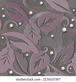 Leafy luxury 3d seamless pattern. Jewelry floral beautiful emboss background. Vintage line art hand drawn relief ornament with leaves, swirls, lines, 3d pearls gemstones. Embossed endless texture.