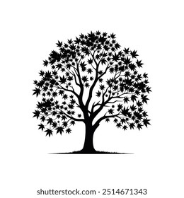 Vector de silueta de árbol de arce frondoso: ilustración elegante de árbol negro para Diseños ecológicos y botánicos