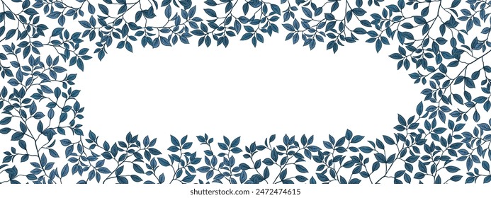 Leafy minimalist and modern vector banner with free space for text. Hand drawn plants, branches, leaves on white background. Greening wedding simple horizontal template.