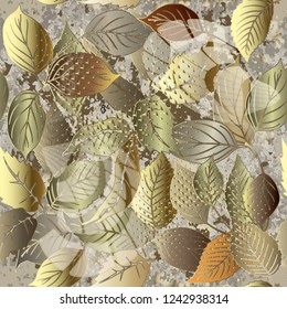 Leafy modern grunge 3d vector seamless pattern. Ornamental floral grungy dirty background. Repeat abstract rough spotted backdrop. Old paper texture. Textured surface gold ornate leaves with halftone.