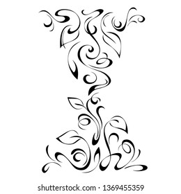 leafy ornament with leaves and curls in black lines on a white background
