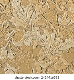 Leafy ornamental emboss 3d  foliage pattern. Vector embossed botanical floral beige background. Emboss drawing plants vintage backdrop. Surface relief 3d  textured flowers leaves branches ornaments.