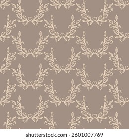 A leafy patterned fabric with a earth tone background The pattern is made up of many small vine leaves seamless pattern.