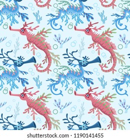 Leafy Sea Dragon seamless pattern for fabric textile wallpaper background.