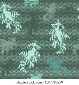 The leafy seadragon, marine fish in the family Syngnathidae, seamless vector pattern