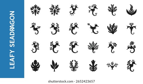 Leafy Seadragon Silhouette: Camouflage Marine Life Black Vector Icon