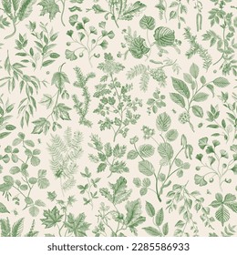 Leafy. Seamless green pattern. Vector vintage illustration. 