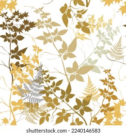 Leafy seamless pattern. Beautiful autumn leaves vector background. Branches and leaves colorful ornaments on white background. Repeat decorative plants backdrop. Modern ornate design. Endless texture.