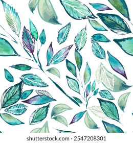 Leafy seamless pattern. Leaf, leaves, green branch textile fabric, texture background. Watercolor twig, seeds, leaf. Greenery decorative paper print. Hand drawing. Not AI, Vector illustration