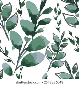 Leafy seamless pattern. Leaf, leaves, green branch textile fabric, texture background. Watercolor twig, seeds, leaf. Greenery decorative paper print. Hand drawing. Not AI, Vector illustration