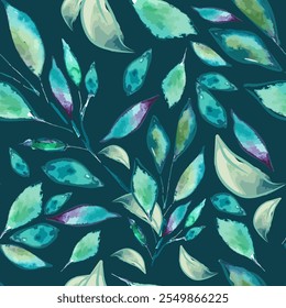 Leafy seamless pattern. Leaf, leaves, green branch textile fabric, texture background. Watercolor twig, seeds, leaf. Greenery decorative paper print. Hand drawing. Not AI, Vector illustration