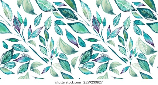 Leafy seamless pattern. Leaf, leaves, green branch textile fabric, texture background. Watercolor twig, seeds, leaf. Greenery decorative paper print. Hand drawing. Not AI, Vector illustration